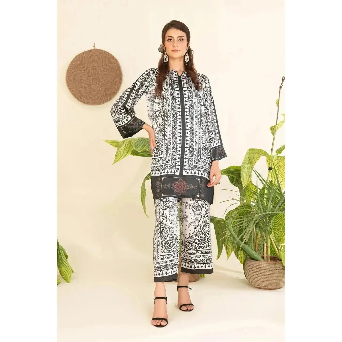 Lady's 2PC Breathable Casual Stitched Printed Silk Shirt and Trouser Set, Everyday Women's Ready-to-Wear Clothes (RTW-KSTL-108)