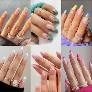 6 Packs (144 Pcs) Press on Nails Medium Design, Misssix Short Fake Nails Almond French Glue on Nails Set with Adhesive Tabs Nail File for Women