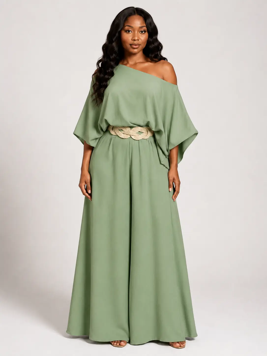 Sculpt Touch Snatch Women’s One-Shoulder Blouse and Wide Leg Pants Set, Comfortable and Flattering Wedding Guest Outfit