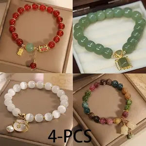 4pcs Elegant Bracelets Featuring Opal Beads, Vintage Green Glass, Red Agate Charms, And Lucky Cat Pendants, Perfect Jewelry Gift for Women and Moms