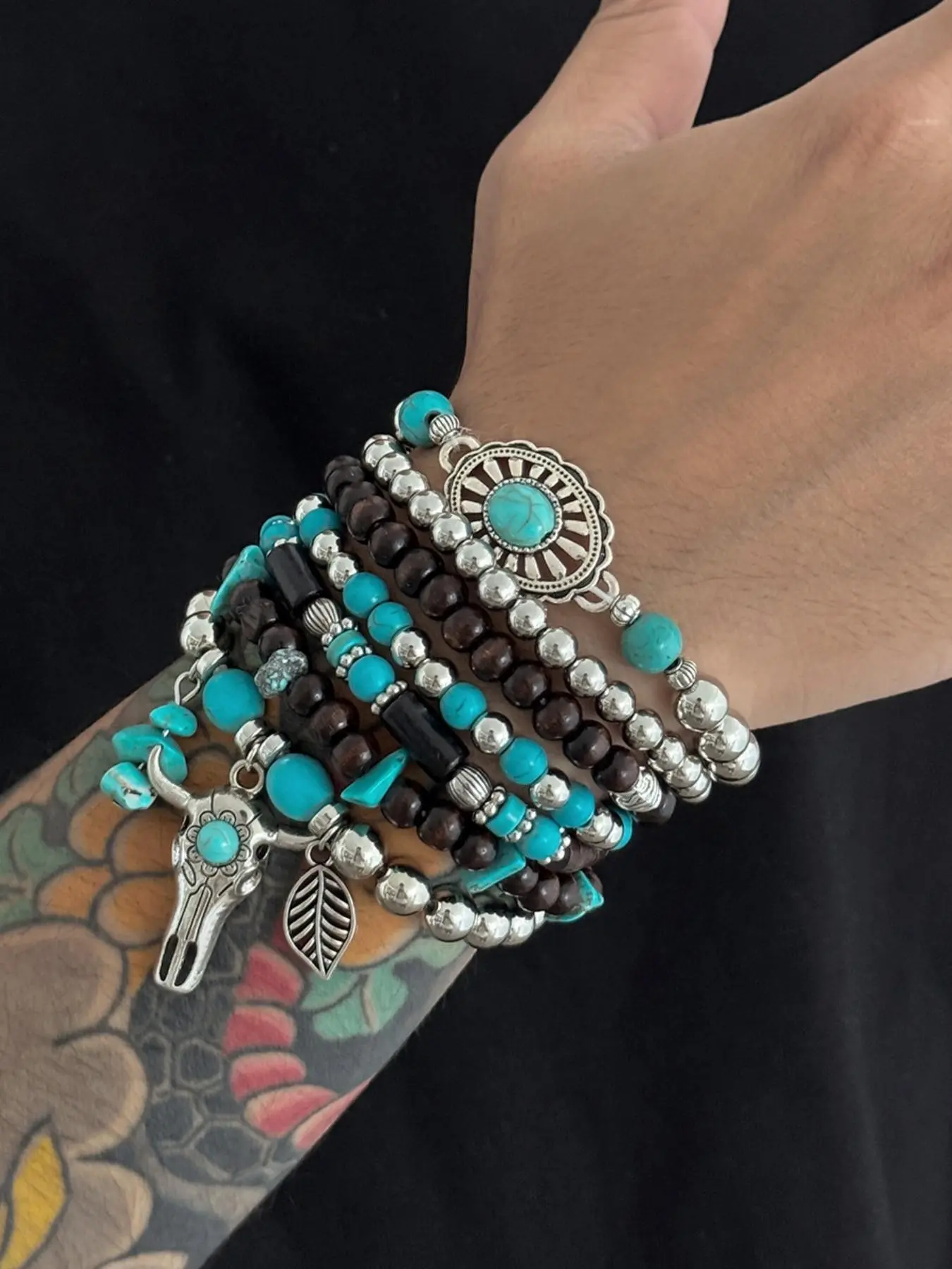 Men's Western Cowboy Style Bracelet Set, Vintage Wooden Beads, Turquoise Inlay, Bull Head Pendant, Multi-Layered Jewelry, Unisex Design