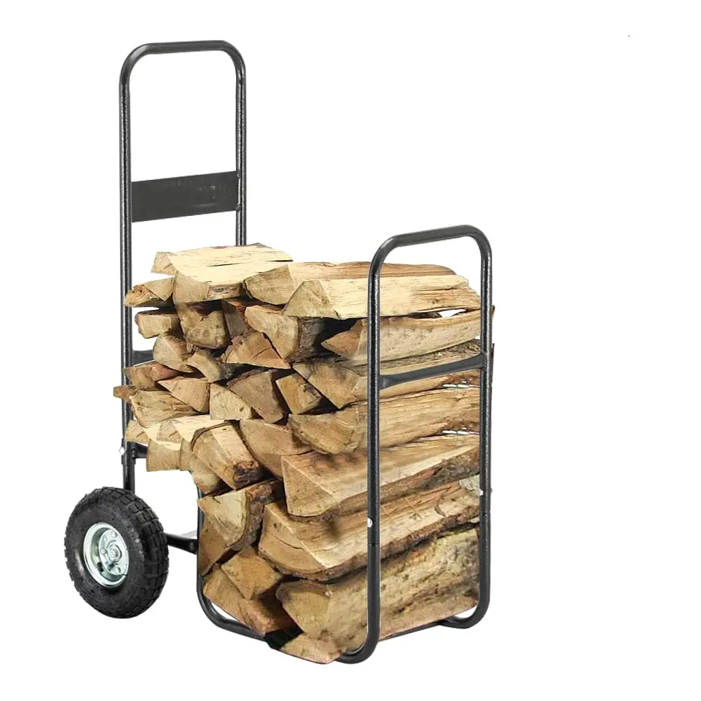Heavy Duty Steel Firewood Log Cart - 220lb Capacity, 10 Inch Pneumatic Rubber Wheels, (43.3 x 28 x 17.7) Inches, 9kg Load Support, Easy Assembly, Outdoor-Indoor Wood Storage Mover Dolly Hauler for Fireplace