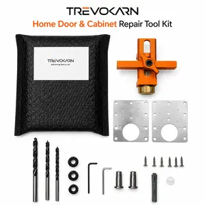 【Father's Day】Home Door & Cabinet Repair Tool Kit, All-in-One Cabinet Hinge Repair Set with Drill Locator, Push to Open Latches & Stainless Steel Repair Plates for Kitchen Cabinet DIY Fix