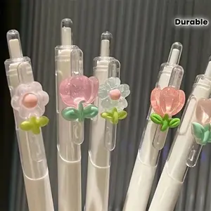 5pcs Floral Pattern Click Pens, Quick-Dry Ink, 0.5mm Fine Tip, Smooth Writing, Ideal for Journals & Drawing, School Supplies