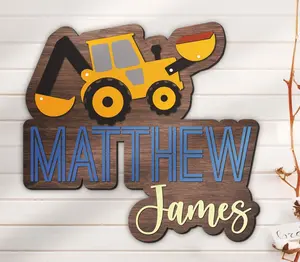 Custom Excavator Wood Nursery Name Sign Personalized Wooden Heavy Equipment Construction Crib Wall Decor Baby Shower Boy Girl Birthday Gift
