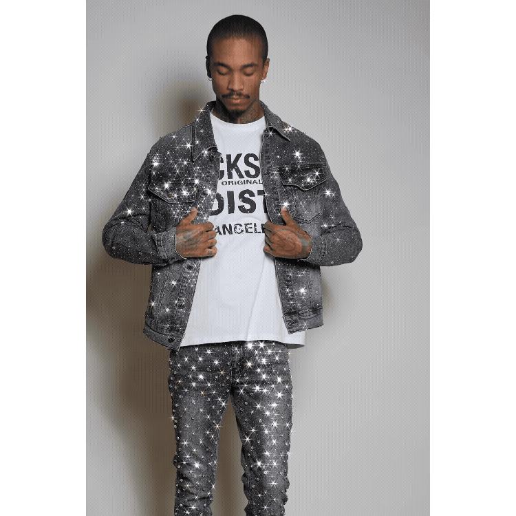 Glit Dark Grey Rhinestone Denim Jacket/Stacked Flare Jean Set