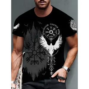 High Quality Black Viking Men'S T-Shirt with 3D Digital Print And Nordic Style, Summer Casual Fashion Thin Breathable Round Neck Short Sleeve, Regular Fit Leisure And Fashion