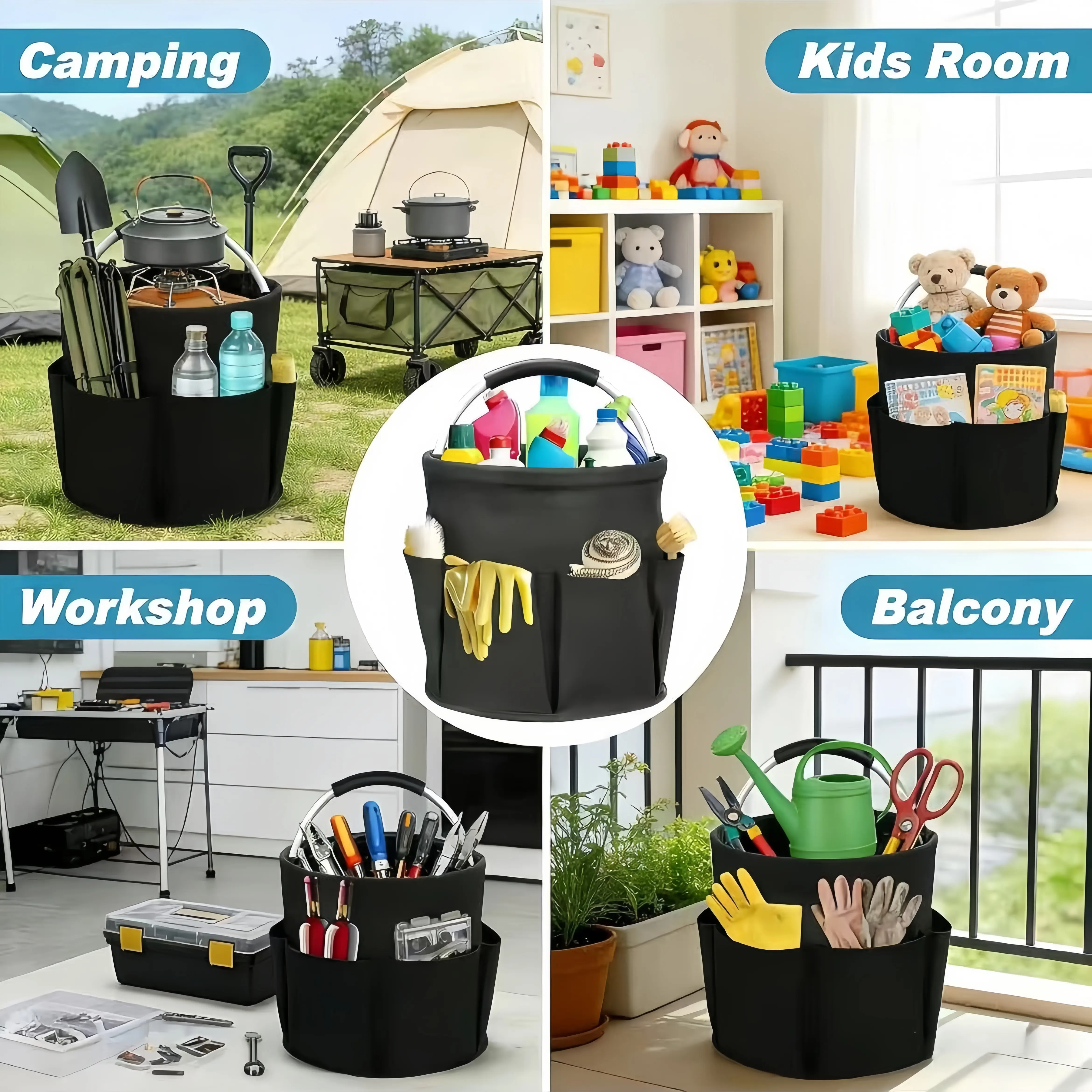 17L Foldable Cleaning Supply Caddy with Handle, Portable Cleaning Tool Organizer Bucket, Cleaning Products Storage Caddy for Home & Garden