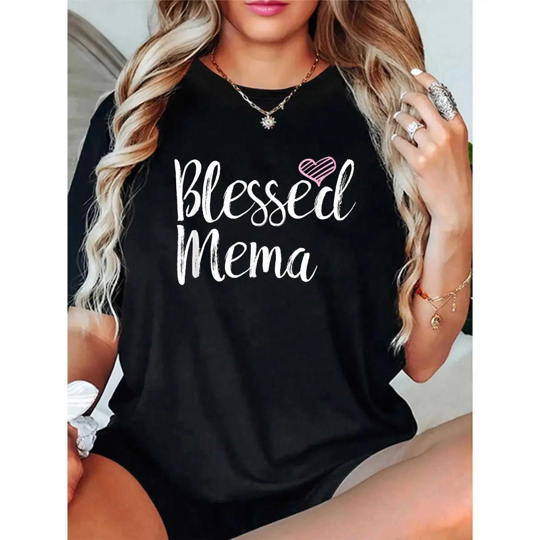Women's Blessed Mema Graphic T-Shirt, a Cute Everyday Top with a Casual Vibe and Relaxed Fit in a Breathable Cotton Fabric Style, Digital Print, Breathable Tee