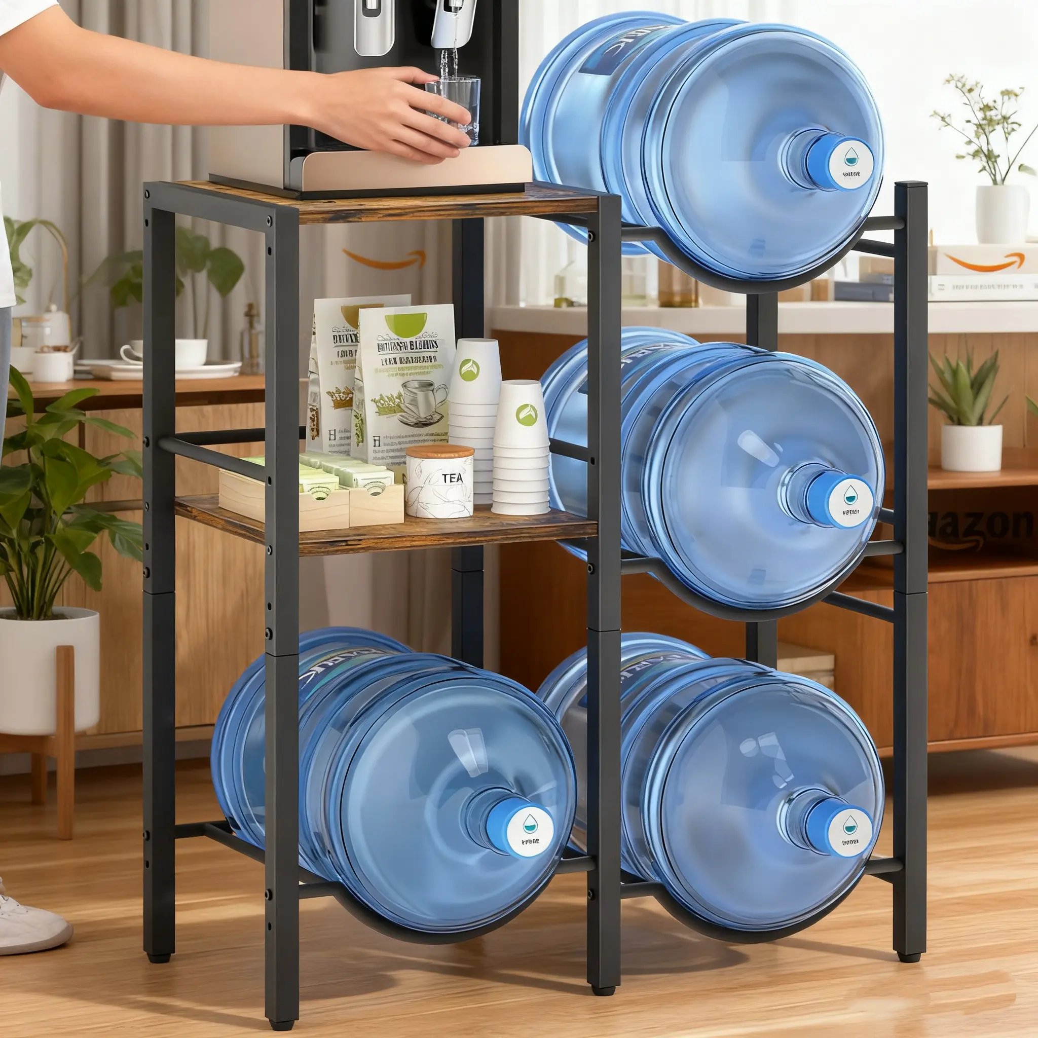 5 Gallon Water Jug Holder Stand, Heavy-Duty Water Bottle Storage Rack with Rustic Brown Wood Shelves, 300LBS Capacity Dispenser Organizer for Home Office Garage