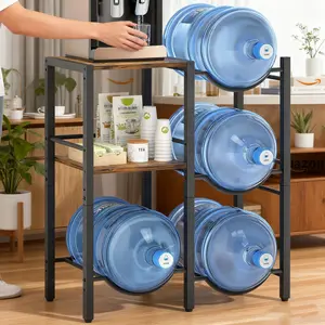 5 Gallon Water Jug Holder Stand, Heavy-Duty Water Bottle Storage Rack with Rustic Brown Wood Shelves, 300LBS Capacity Dispenser Organizer for Home Office Garage