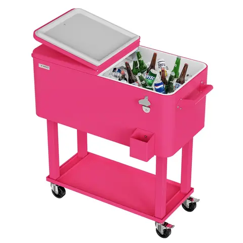 VINGLI 80 Quart Rolling Ice Chest, Portable Patio Party Bar Drink Cooler Cart, with Shelf, Beverage Pool with Bottle Opener