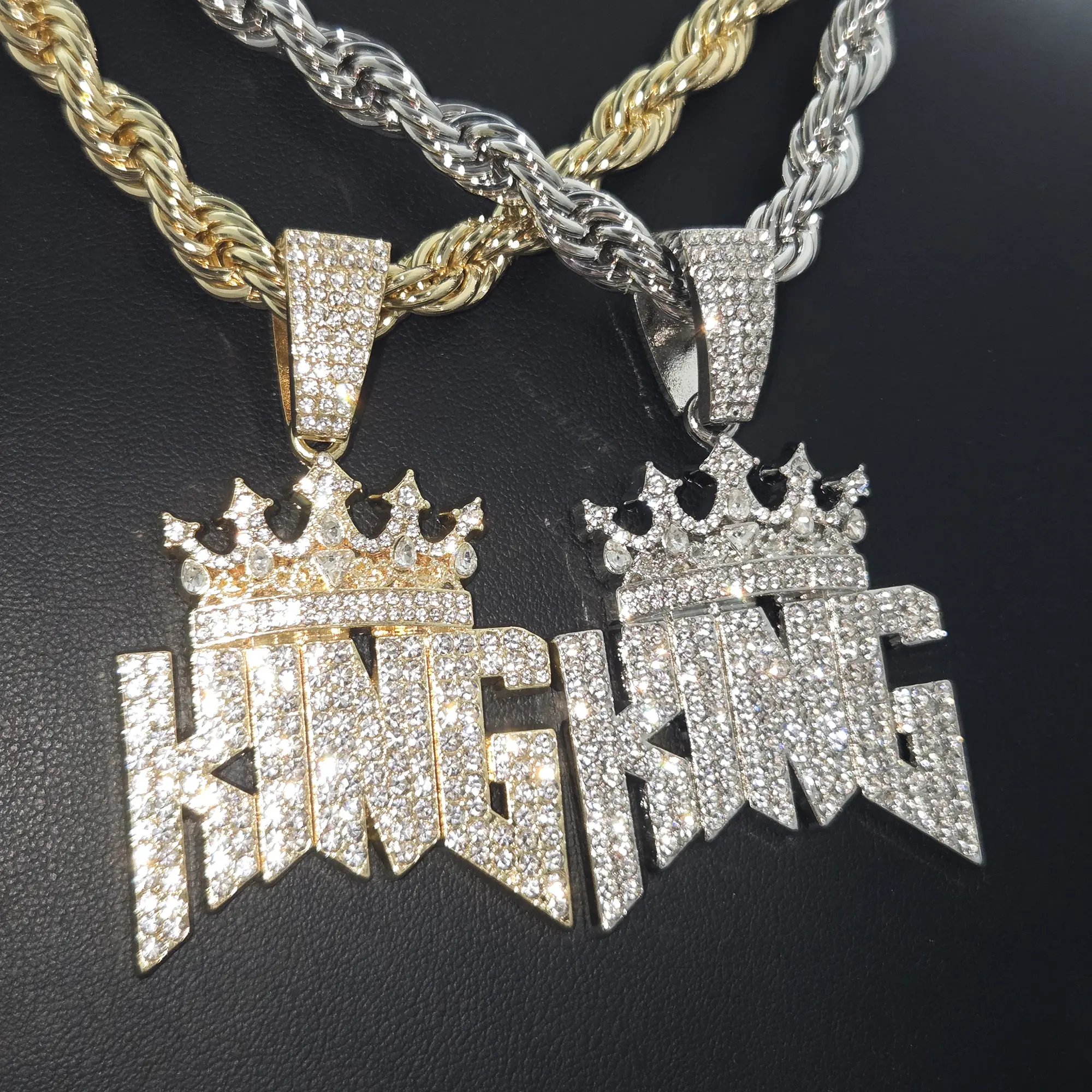 MaxBling81 Men's Hip Hop Necklace, Large 45mm Iced Out CZ Statement King Crown Pendant, Gold/Silver-Plated 24in Rope Chain, Casual Daily Wear Jewelry