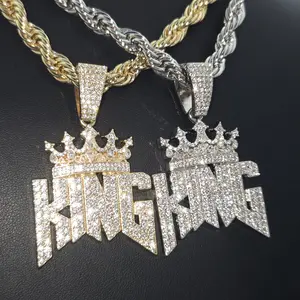 MaxBling81 Men's Iced CZ Crowned Letter KING Large Pendant & 8mm 24in Thick Gold / Silver Plated Rope Chain Necklace - High-Quality Polished Design, Daily Wear, Ideal Gift, Fashion Hip Hop Style Necklace