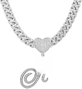 Initial Necklaces Silver Cuban Link Chain for Women Iced Out Chain with Heart Letter Pendants Custom Chain Name Necklace Hip Hop Jewelry Gift