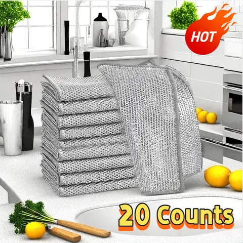20 PCS Multifunctional Mesh Metal Wire Dishcloth Set - Upgraded Double-Layer Scrubber Pads, Non-Scratch, Stain Resistant Washable, Durable Easy Clean, Quick-Dry, Odor-Free Home Cleaning Products for Kitchen Clean, Mirror & Window Use