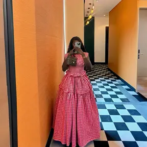 Women's Elegant Lightweight Red Check Gingham Dress, Casual Style with Ruffled Hem and Tiered Skirt, Breathable Fabric
