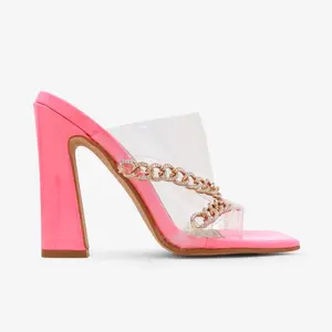 Marmela Pink High Heel Sandals with Clear Strap and Gold Chain Detailing for Women