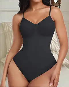 Bodysuit for Women Tummy Control Shapewear Seamless Thong Sculpting Body Shaper in Black V-Neck Design Breathable Check