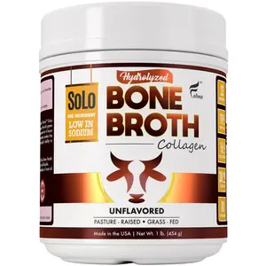 Solo Bone Broth Protein Collagen Powder Low Sodium, 16g Hydrolyzed Collagen Type I & III, for Healthy Skin, Nails, Hair, Joints & Digestion, Grass Fed, 1 lb