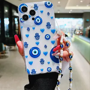 Evil Eye Design Phone Case Casing with Lanyard, Decorative Protective Phone Protector Cover, Phone Accessories Compatible with iPhone 15 Pro Max 16 14 Pro 13 12