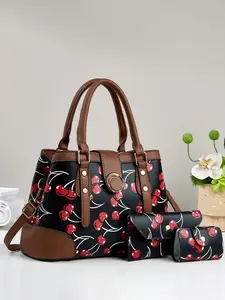 3pcs Mother's Day New Arrival Women's Handbag Stylish Minimalist Casual Cherry Print Perfect for Daily Commuting and Work Elegant and Versatile Women's Must-Have Handbag Wallet Set