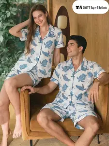 Couple Unisex Short Sleeve Pajamas, Lightweight All-Season Comfort Set, Button Front Collar Top & Pants, Casual Home Wear