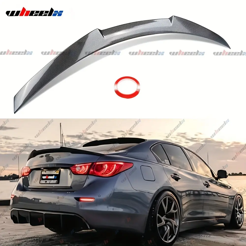 2014-2025 Infiniti Q50 M4 Style High-Kick Duckbill Trunk Wing, Aerodynamic Downforce Accessory for Car, Fits All 4-Door Sedan Trims, Gloss Black Carbon Fiber Direct-Fit Exterior Body Upgrade
