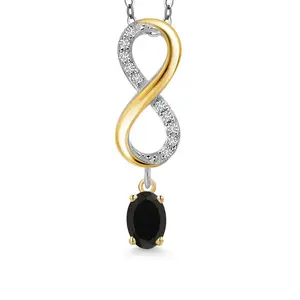 Gem Stone King 925 Silver and 10K Yellow Gold Black Onyx and Lab Grown Diamond Pendant Necklace for Women | 0.88 Cttw | Gemstone December Birthstone | Oval 6X4MM | With 18 Inch Chain