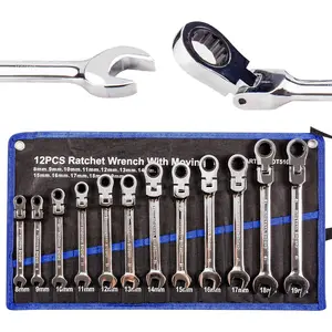 12pcs Head Ratcheting Wrench Set 8-19mm Metric Ratchet Combination Wrenches CrV Gear Spanner Set with 180° Pivot Head and 72 Teeth Ratchet Gear for Mechanics