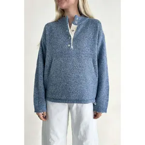 Miller Two Tone Snap Collar Sweater with Kangaroo Pocket Toggle Cinch Hemline Blue Oatmeal Colors Lightweight Knit Fabric Oversized Fit