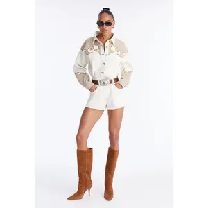 Wild West Way Denim Romper - Cream
