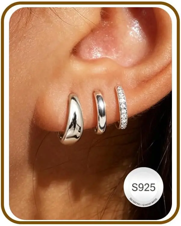 Jewelry for Her Gift 3 Pairs 925 Sterling Silver Earrings for Women Non Tarnish 14K Gold Plated Small Hypoallergenic Huggie Hoops Cartilage Stack Earring Sets for Multiple Piercing
