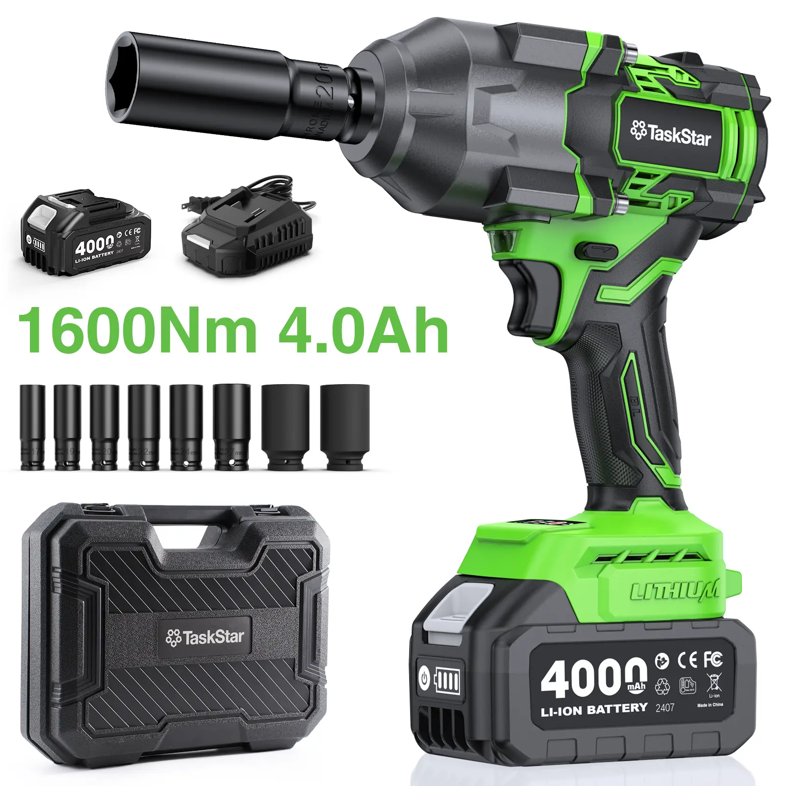 Taskstar 1180 Ft-Lbs (1600 N.M) Ultra-High Torque – 1/2'' Brushless Cordless Impact Wrench, Equipped with 4.0Ah Battery And Rapid Charger, Used for Home Decoration And Car Maintenance