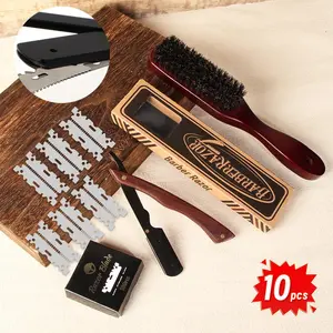 Professional Razor Set, Shaving Razors, 10pcs/set Wooden Handle Razor & Blade & Brush & Comb & Blade Net & Box, Safety Men's Care Tool for Home & Salon Use