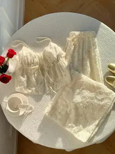 Women's Summer Casual Vacation Style Sequin Patchwork Knot Front Camisole And Wide Leg Pants 2 Pieces Set