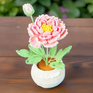 Handmade Crochet Peony Flower Pot | Pink | Yellow | Blue | Purple | Home Decor | Gift for Mom Girlfriend Women Teacher | Dried Fake Plant