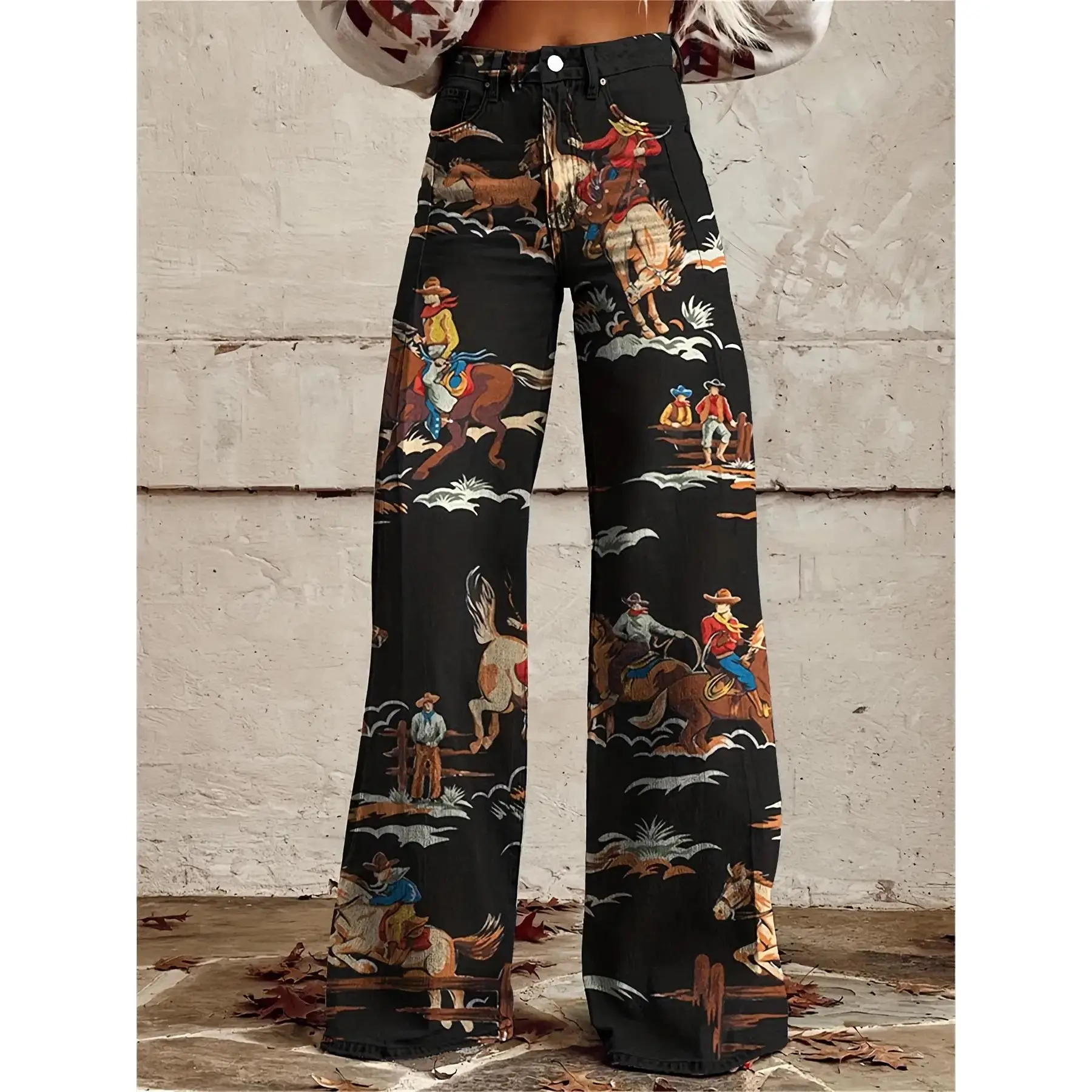 Women'S Western Cowboy Print High-Waisted Wide-Leg Jeans - 3D