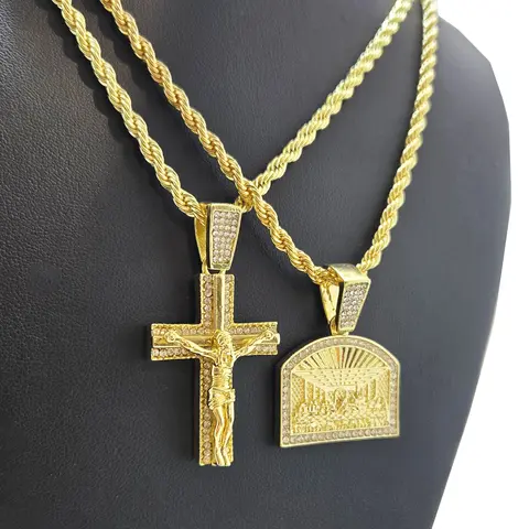 MaxBling81 Iced Cubic Zirconia Crucifix Necklace and Chain - Unisex Hip Hop Pendants Jewelry, Gold/Silver Finish, Last Supper Cross Pendant, 4mm 24" Rope Gold Chain Necklaces for Daily Wear