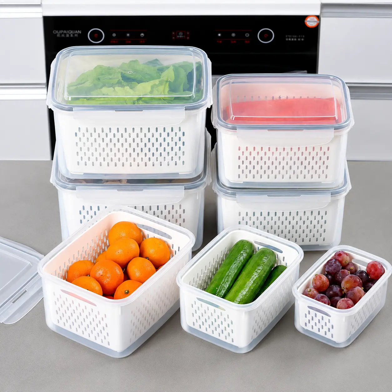 6 Pack Fridge Organizers and Storage - Stackable Fruit Storage Containers for Fridge with Removable Colander, BPA-Free Food Storage Container for Salad Berry Lettuce Vegetables Meat Keeper Fresh