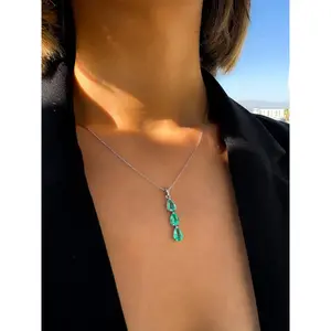 3 Stone Necklace, Natural Pear Shape Light Green Colombian Emerald in Solid Gold