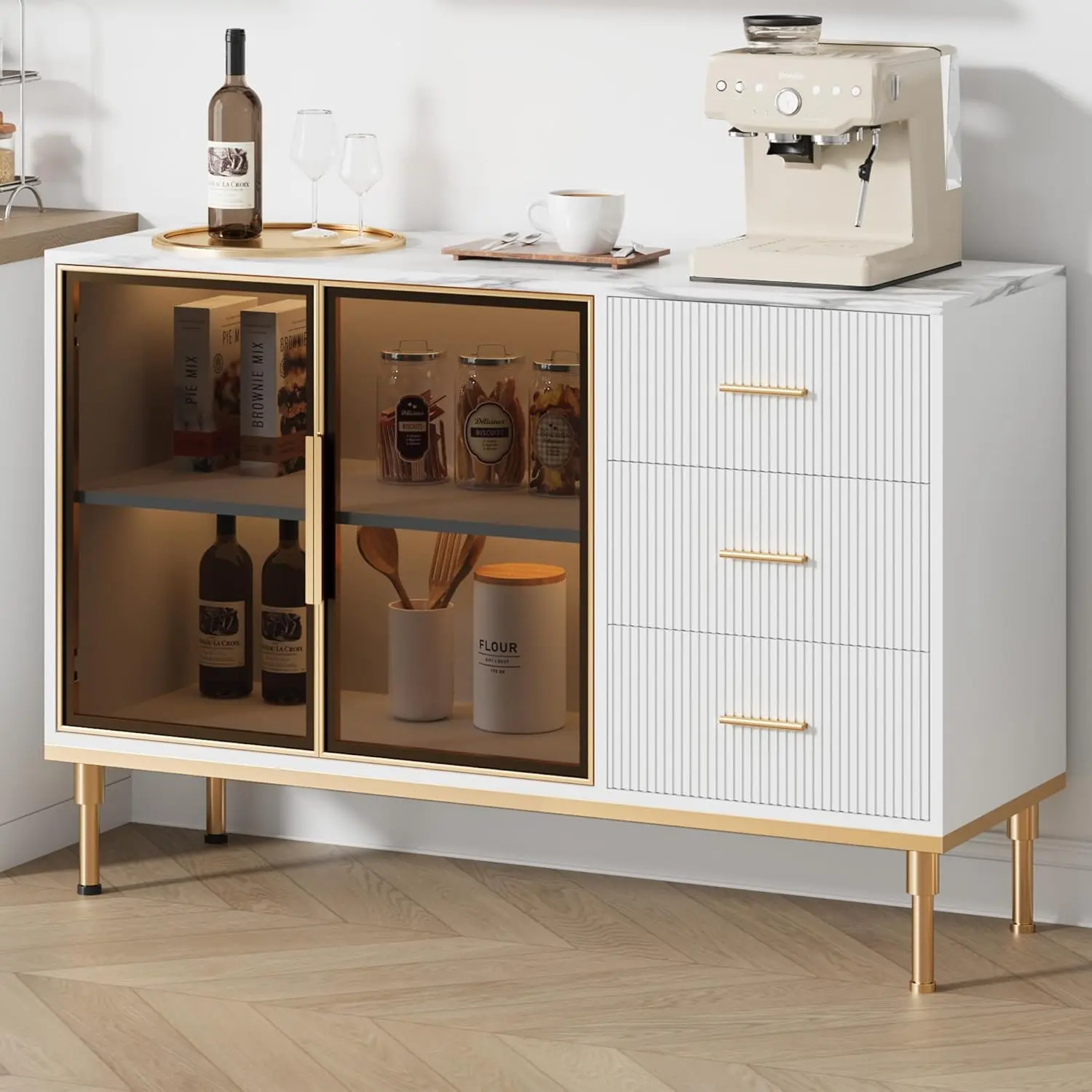White Fluted Sideboard Buffet Cabinet - Vertical Lines, Glass Doors, 3 Drawers, Marble Top, Indoor Dining Room & Living Room Furniture