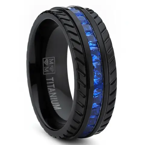 Male Light Weight Titanium Band Ring - Black Titanium Metal Jewelry, High-Polish Chevron Style with Deep Blue Princess Cut Cubic Zirconia, Hypoallergenic Men's Wedding Band Rings