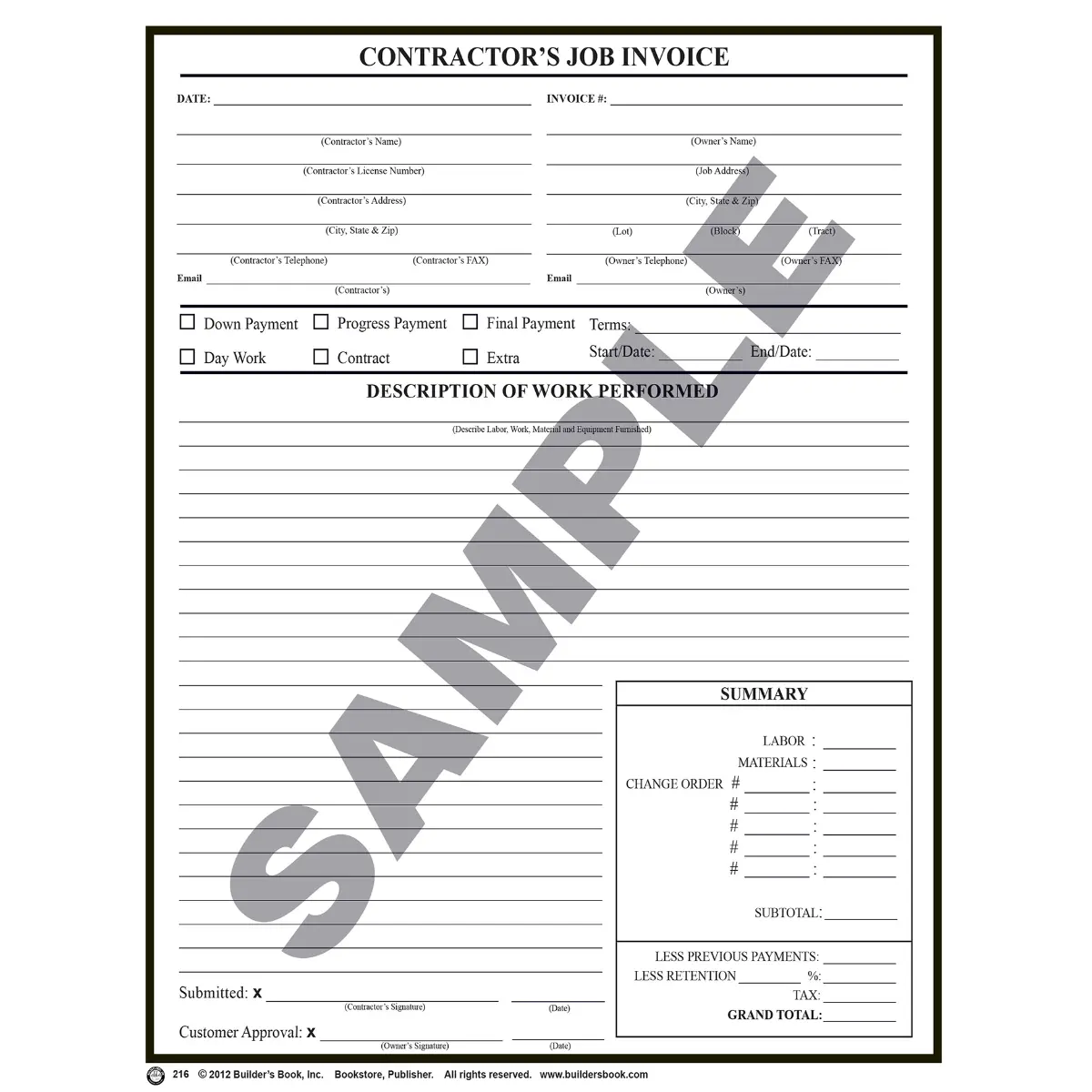 216 - Contractor's Job Invoice Pack of 25 Forms