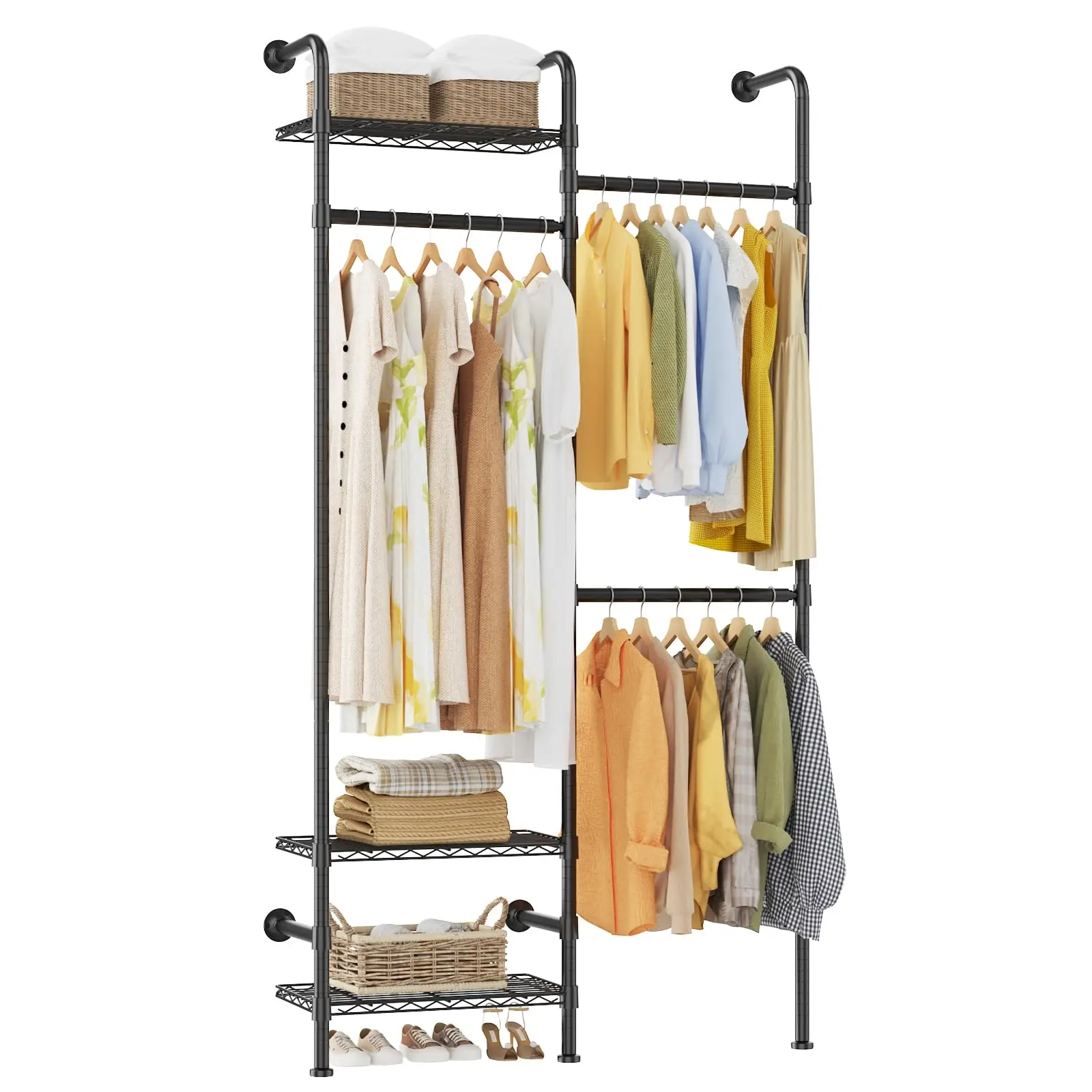 Wall Mounted Pipe Closet Rack, Carbon Steel Wall Mounted Clothes System for Closet Storage, Expandable Rods 23.62-35.43 in, 3 Wire Shelves, Matte Black