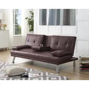 Futon Sofa Bed with Armrest, Cupholders & Reclining Feature – Stylish Couch with Metal Legs for Cozy Living Rooms, Faux Leather