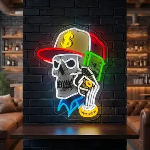 Money Gangster Skull Neon Light- UV Print, Neon Pop Sign for Game Room, Bar, Pub Decor