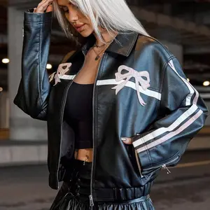 Y2K Street Contrast Stripe Moto Jacket - PU Leather, Knot Embroidery, Drop Shoulder, Lapel Collar, Zipper Front Womenswear Coats winter clothes women