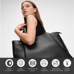 ZOVELA Women's Minimalist Premium Vegan Leather Tote Bag, Large 15.6" Laptop EDC Work Bag, Elegant Office Shoulder Bag for Commute & Travel