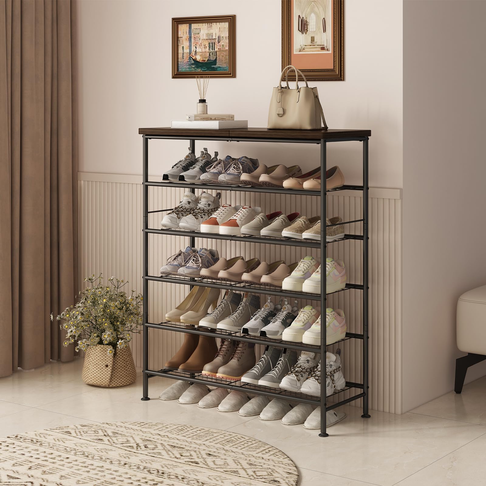 SUOERNUO 4 Tier 5 Tier 6 Tier Shoe Rack Organizer for Closet Entryway Free Standing Metal Storage Shelf with MDF Top Boa